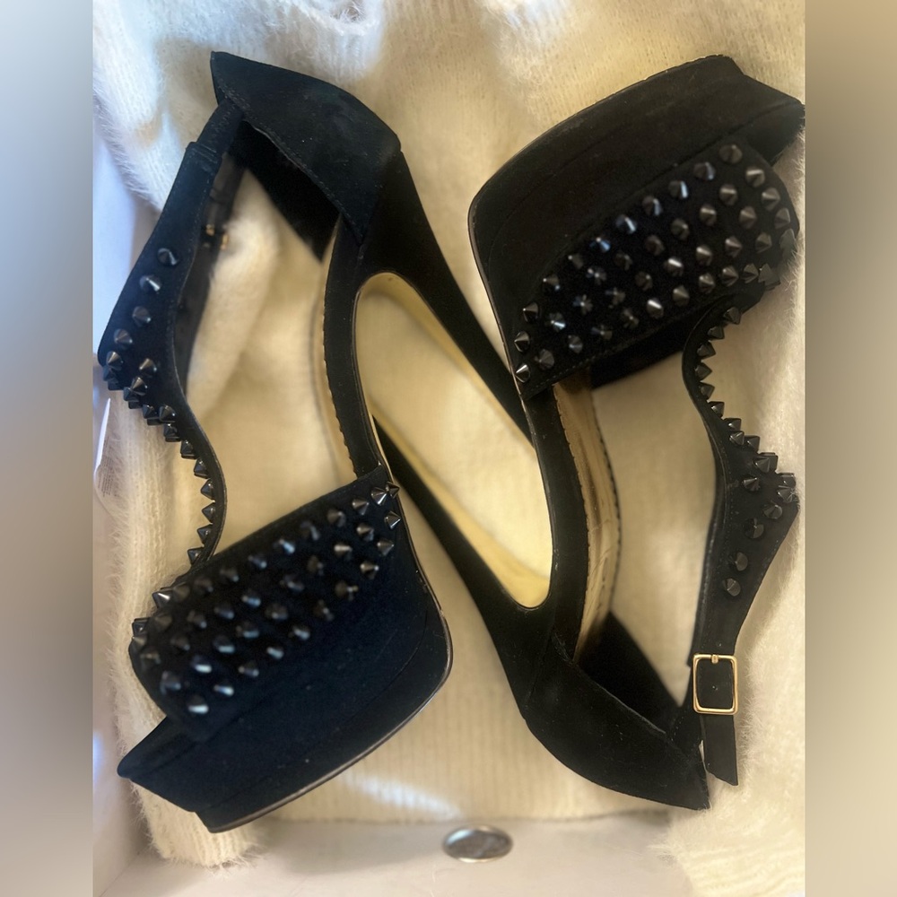 Bebe Dalia, T strap, black studded stiletto heels Size 8